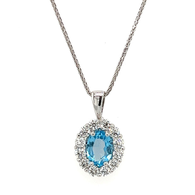 14k White Gold Oval Blue Topaz & Diamond Halo Necklace