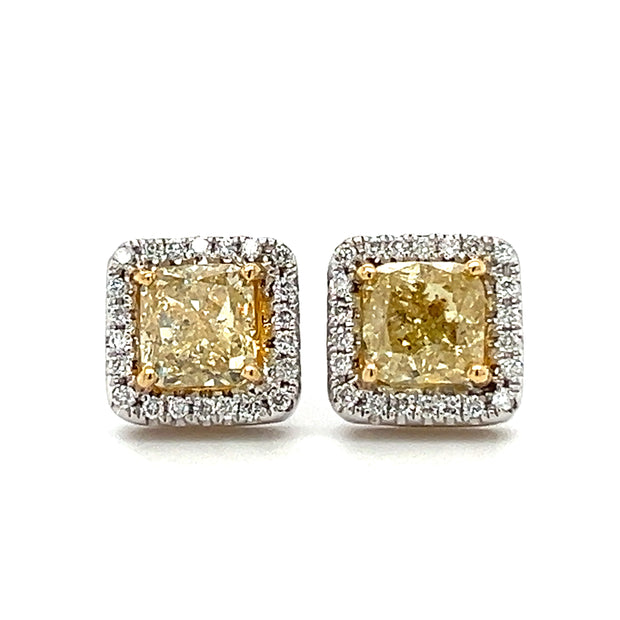 18k White/Yellow Gold Fancy Yellow Cushion Diamond Halo Stud Earrings