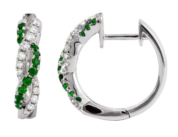 14k White Gold Open Twist Emerald & Diamond Hoop Earrings