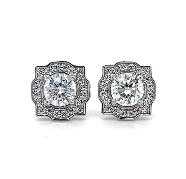 Sterling Silver Round Brilliant Lab Created Moissanite Vintage Style Halo Stud Earrings