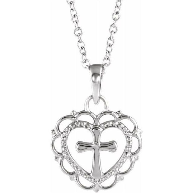 14k White Gold Heart & Cross Pendant
