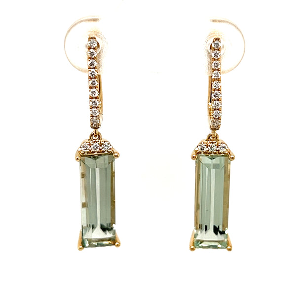 14k Yellow Gold Prasiolite (Green Quartz) & Diamond Dangle Earrings
