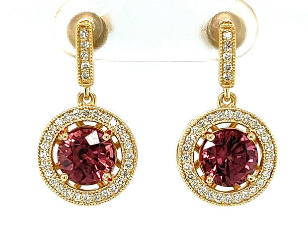 18k Yellow Gold Magenta Zircon & Diamond Dangle Earrings by IJC