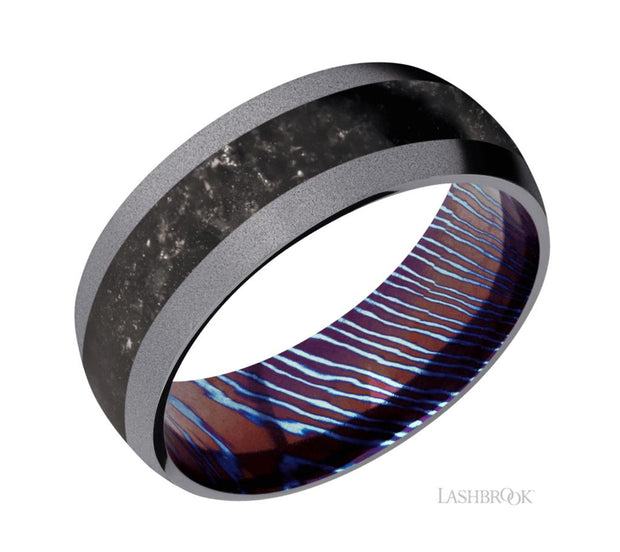 Zirconium, Black Onyx, & Titanium Damascus Wedding Band by Lashbrook Designs