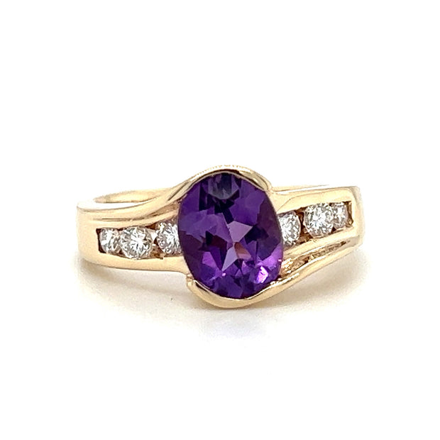 Pre-Owned 14k Yellow Gold Amethyst & Diamond Bypass Style Fashion Ring