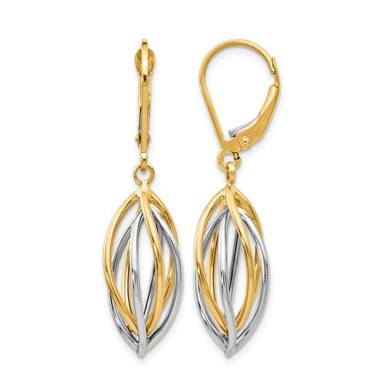 14k Two Tone Gold 3D Swirl Drop Earrings