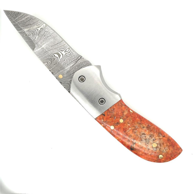 Damascus Steel Red Coral Pocket Knife