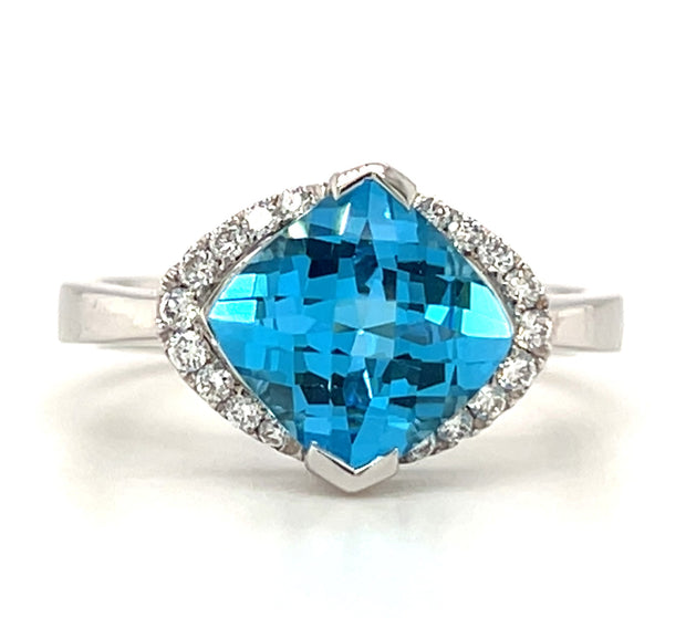 14k White Gold Swiss Blue Topaz & Diamond Ring