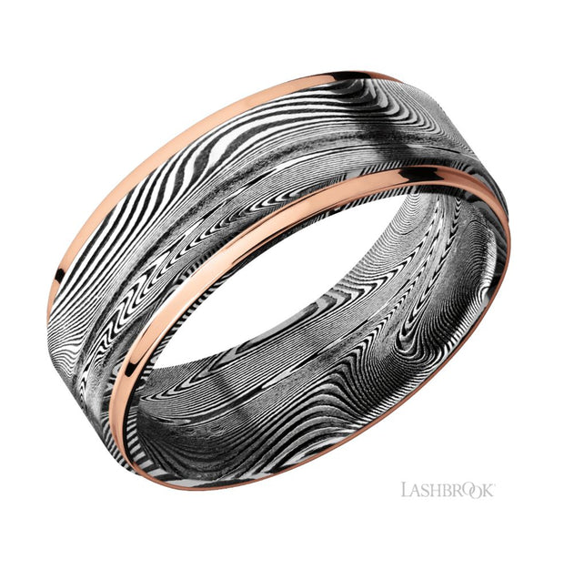 Damascus Steel & 14k Rose Gold Inlay Wedding Band by Lashbrook Designs