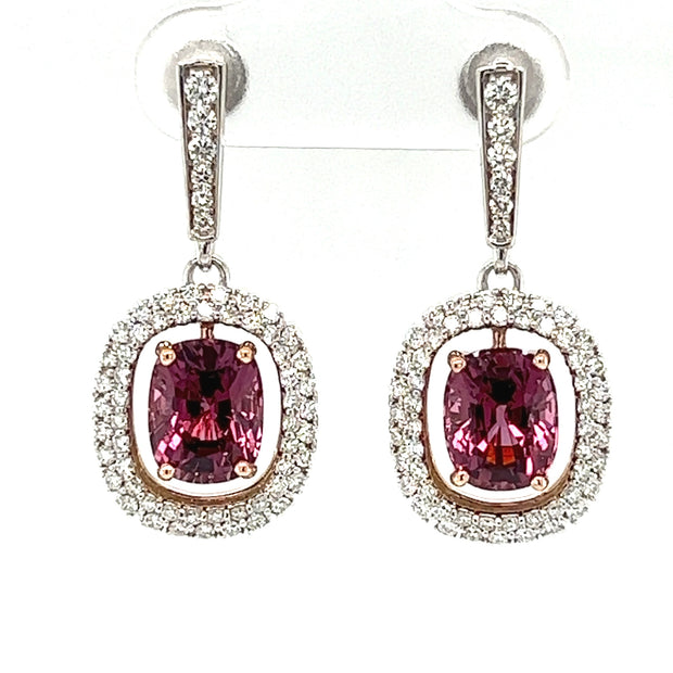 18k Two Tone Pink Spinel & Diamond Dangle Earrings by IJC