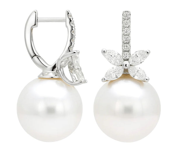 18k White Gold South Sea Pearl & Diamond Huggie Earrings