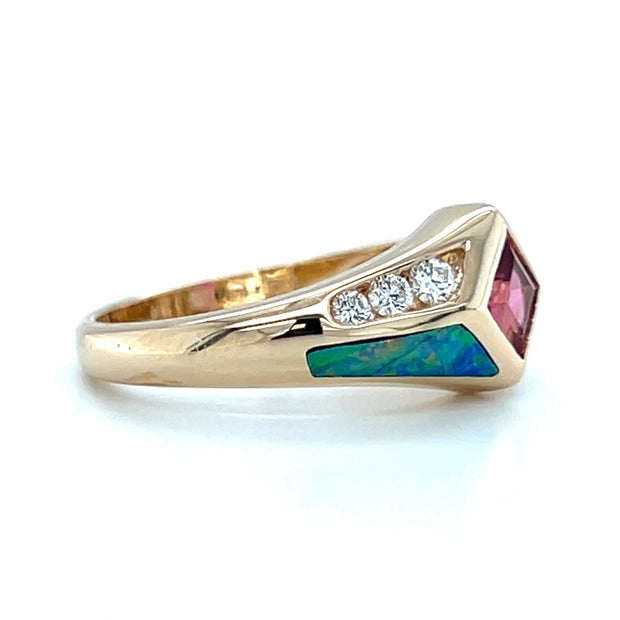 Pre-Owned 14k Yellow Gold Art Deco Inspired Pink Tourmaline, Opal Inlay, & Diamond Fashion Ring by Kabana