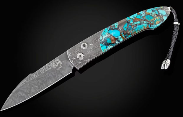 'Kingman' Damascus Steel, Black Matrix Turquoise Scale Pocket Knife by William Henry