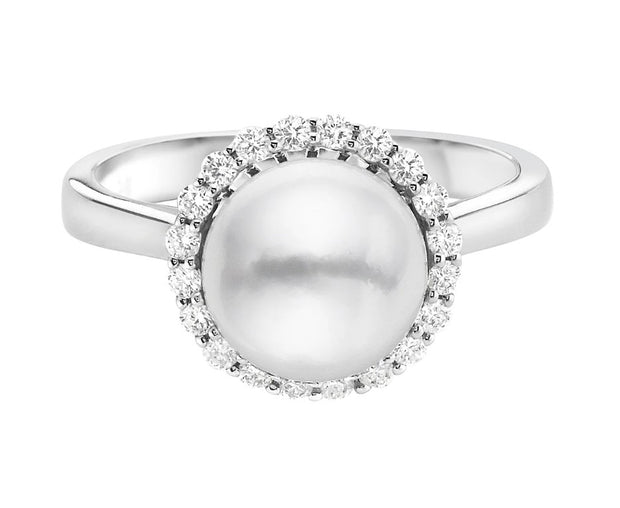 14k White Gold Akoya Pearl & Diamond Halo Fashion Ring