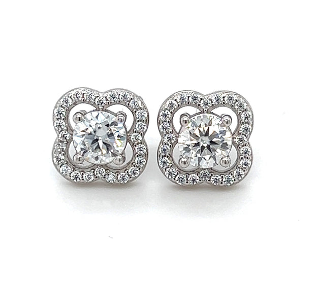 Sterling Silver Round Brilliant Lab Created Moissanite Clover Style Halo Stud Earrings