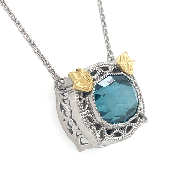 Platinum/18k Green Gold Vintage Inspired Blue Zircon Necklace by IJC