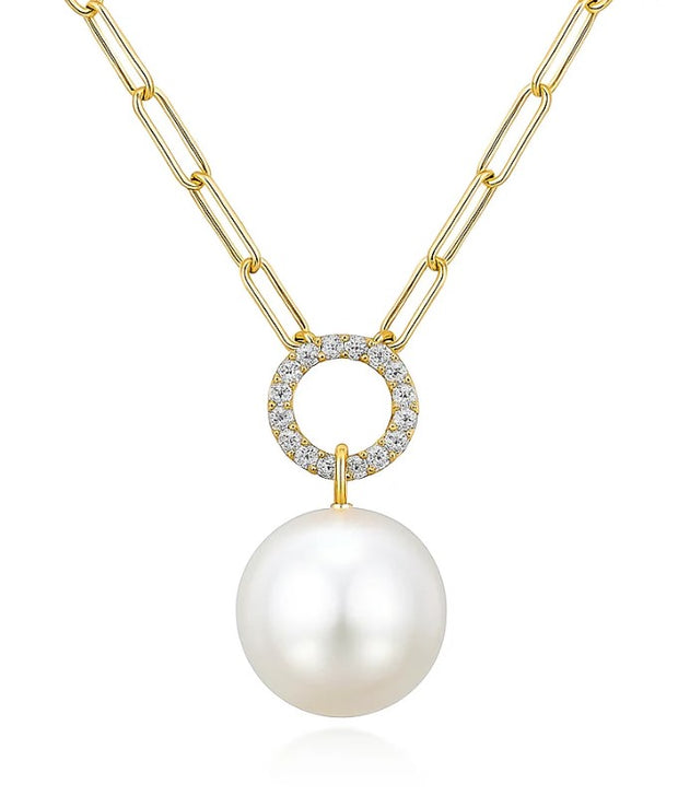 14k Yellow Gold Pearl & Diamond Accented Paperclip Necklace