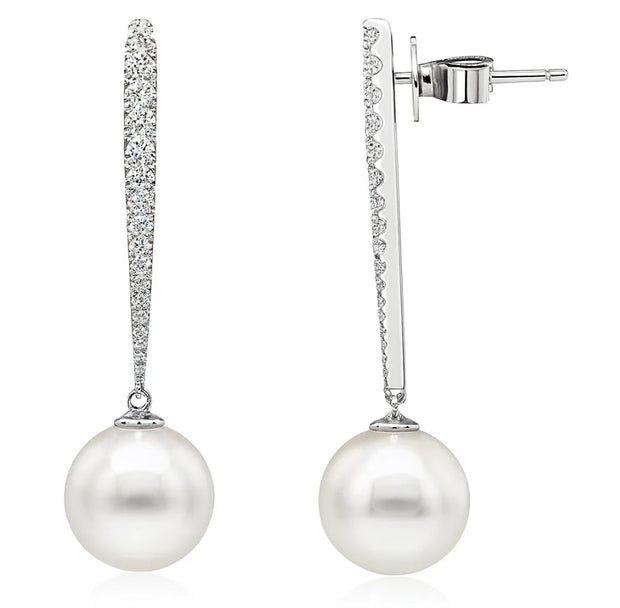 18k White Gold South Sea Pearl & Diamond Bar Dangle Earrings