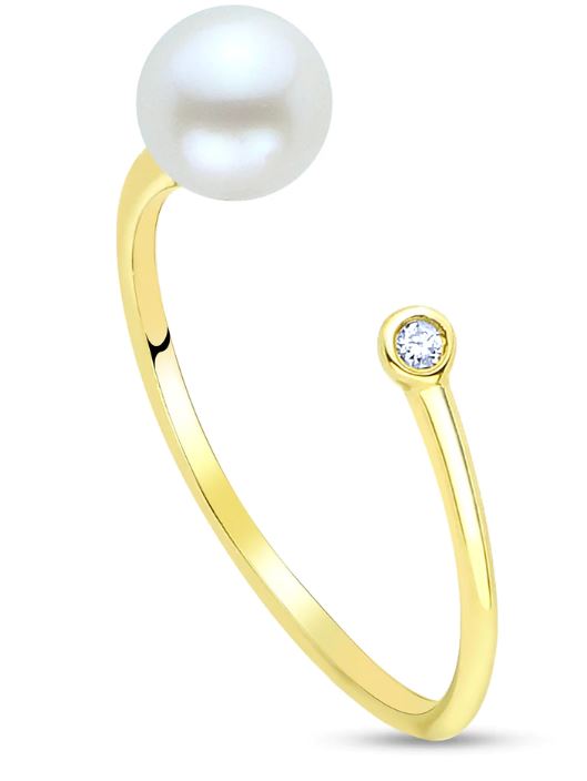 14k Yellow Gold Negative Space Freshwater Pearl & Diamond Fashion Ring