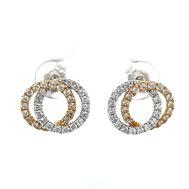 14k Two Tone Gold Interlocking Circle Stud Diamond Earrings