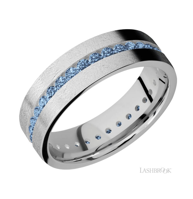 14k White Gold Distressed Finish & Channel Set Denim Blue Sapphire Eternity Wedding Band by Lashbrook Designs