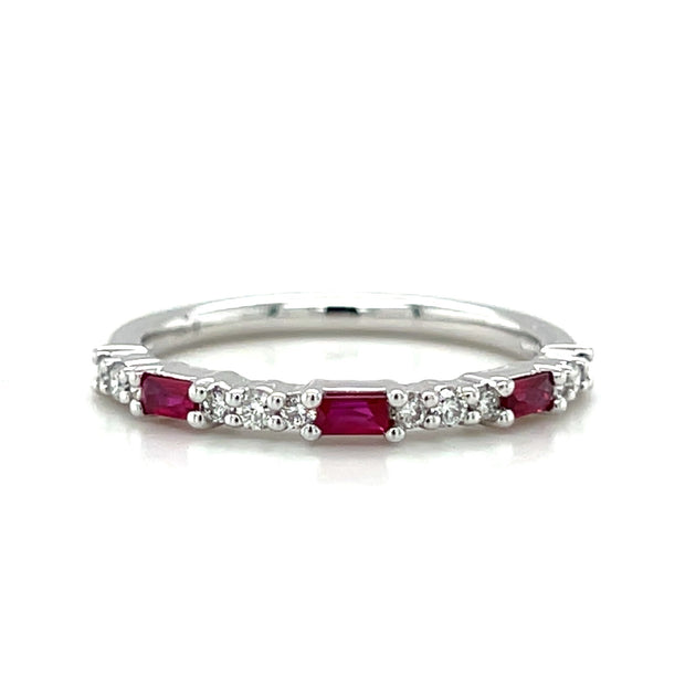 14k White Gold Criss Cut Baguette Ruby and Diamond Fashion Stackable Ring