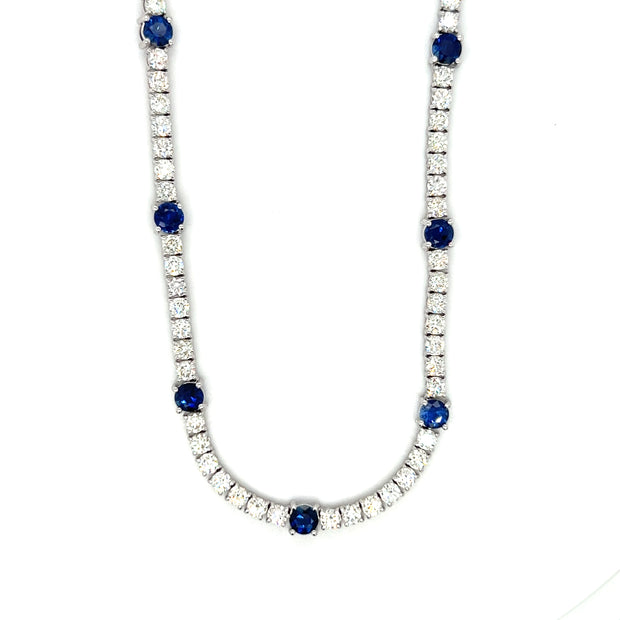 14k White Gold Blue Sapphire & Diamond Tennis Necklace