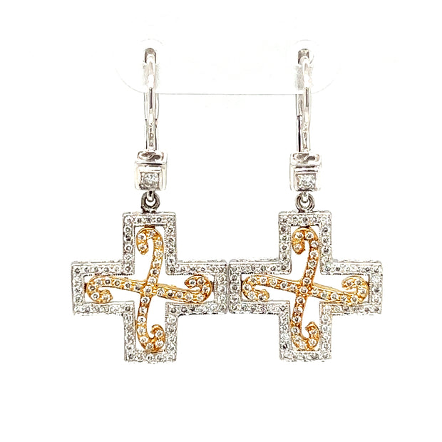 Pre-Owned 18k Two Tone Cross Fashion Dangle Earrings by Designer Dev Valencia