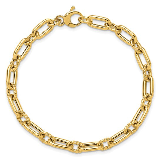 14k Yellow Gold Polished/Rope Textured Oval Cable Link Fashion Bracelet