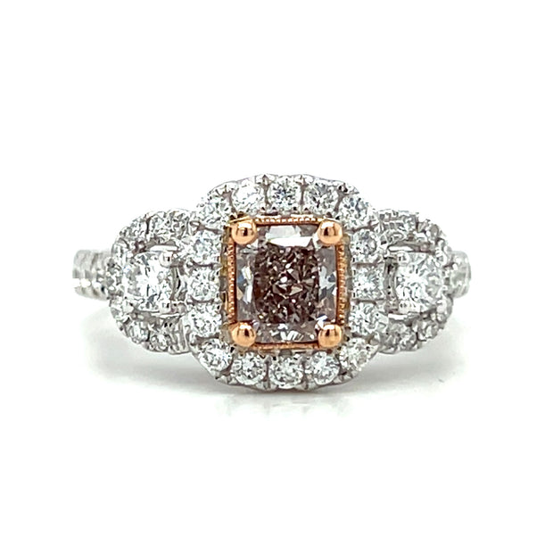 18k Two Tone Gold Cushion Shape Fancy Pinkish Brown Diamond Halo Three Stone Ring