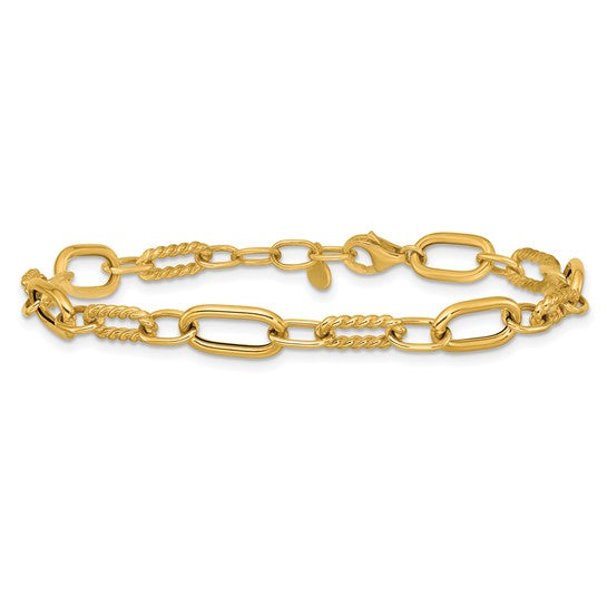 14k Yellow Gold Polished/Rope Texture Paperclip Link Fashion Bracelet
