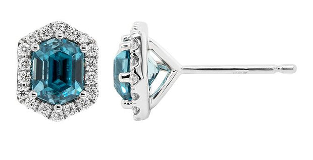 14k White Gold Elongated Hexagon Step Cut Blue Zircon & Diamond Halo Stud Earrings