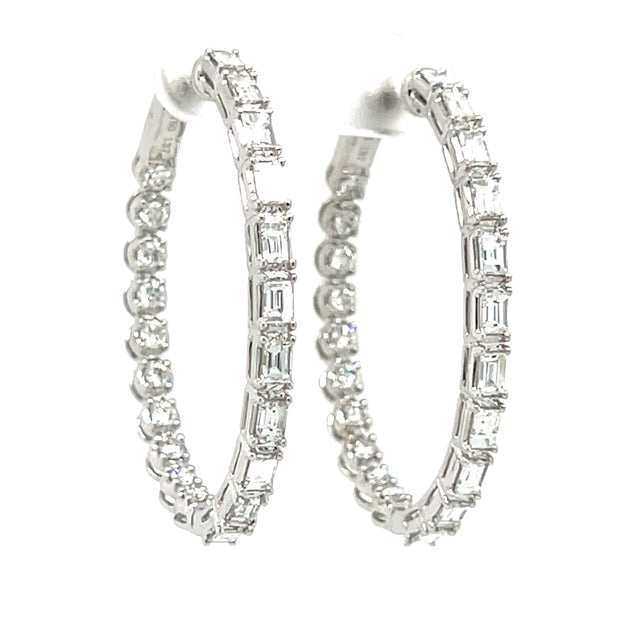 18k White Gold Baguette & Round Brilliant Diamond Inside Outside Oval Hoop Earrings
