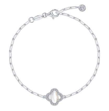 Sterling Silver Simulated Diamond & Mother Of Pearl Clover Halo Paperclip Fashion Bracelet by Lafonn