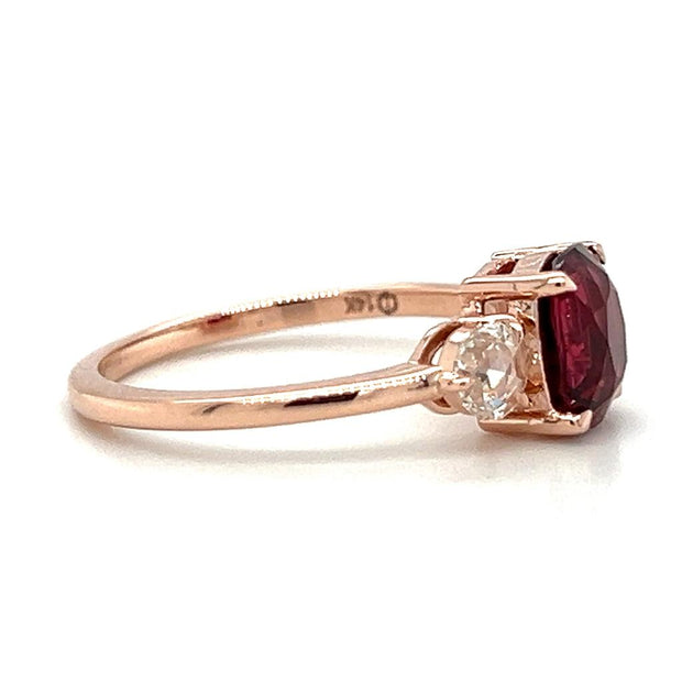 14k Rose Gold Red Spinel & Rose Cut Diamond Three Stone Ring by IJC