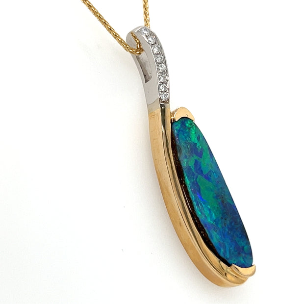 14k Two Tone Boulder Opal & Diamond Pendant by William August
