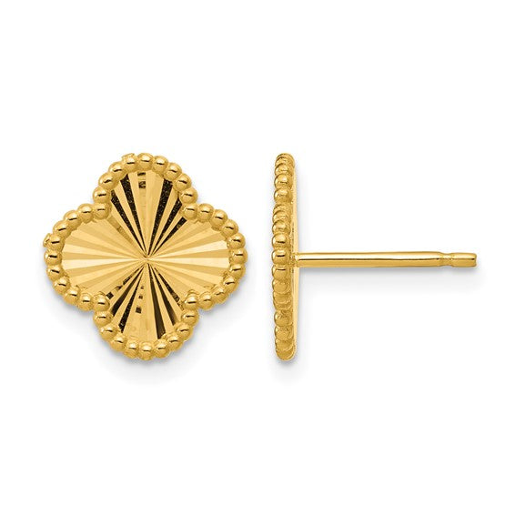 14k Yellow Gold Diamond Cut Clover Stud Earrings