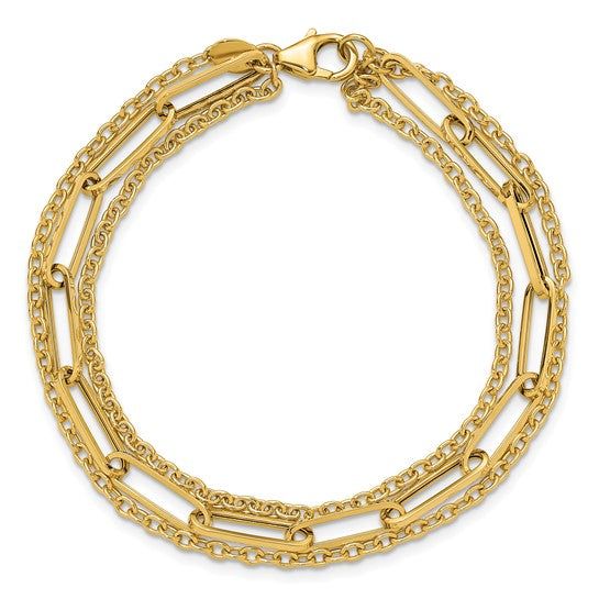 14k Yellow Gold Triple Strand Paperclip/Cable Link Fashion Bracelet