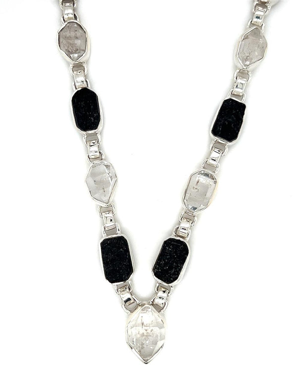 Sterling Silver Black Tourmaline & Herkimer Diamond Fashion Necklace