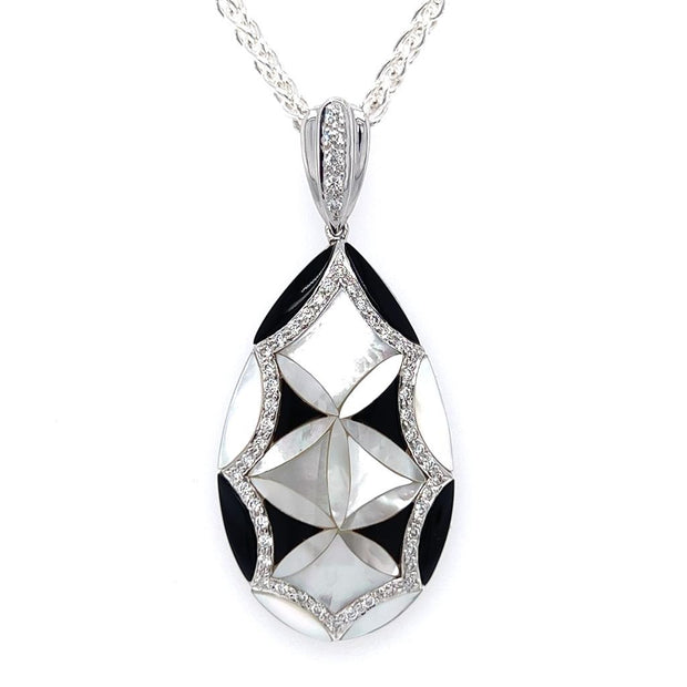 14k White Gold Mother of Pearl, Onyx, & Diamond Pendant by Rego Designs
