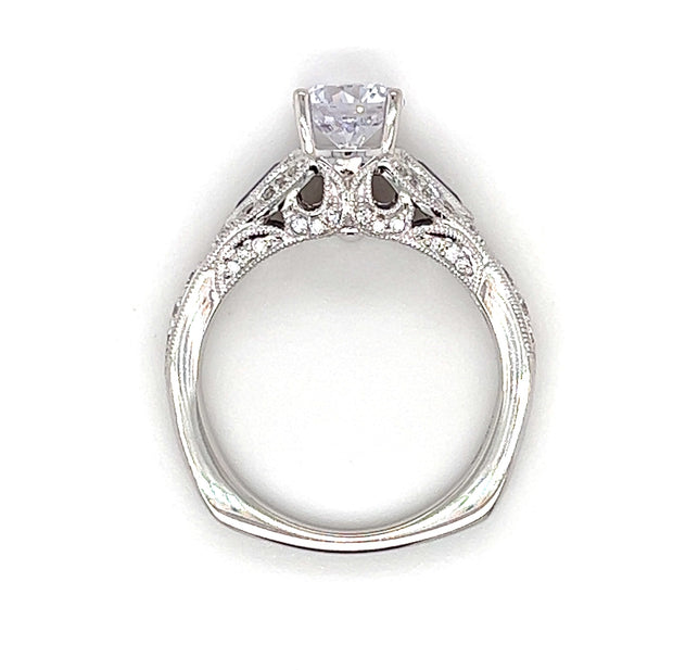 14k White Gold Vintage Inspired Diamond & Blue Sapphire Engagement Ring
