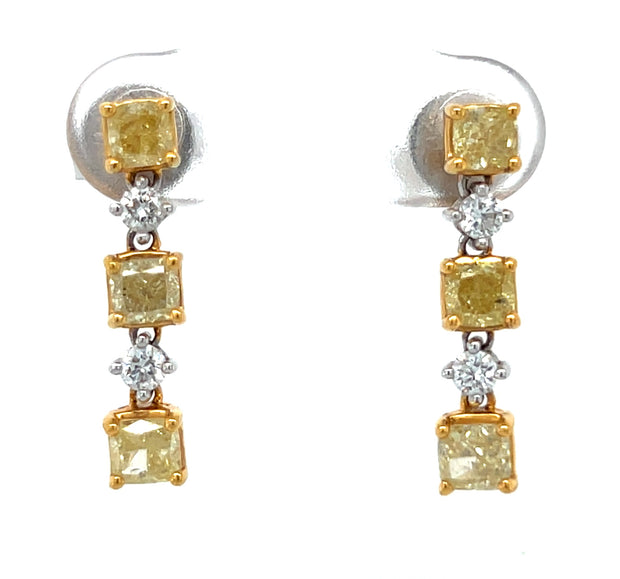 18k Two Tone Gold Cushion Shape Fancy Yellow Diamond Dangle Earrings