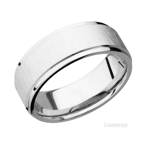 14k White Gold Flat Grooved Edge & Cross Satin Finish Wedding Band by Lashbrook Designs
