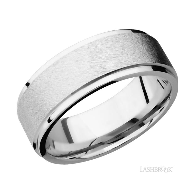 14k White Gold Flat Grooved Edge Angle Stone Finish Wedding Band by Lashbrook Designs