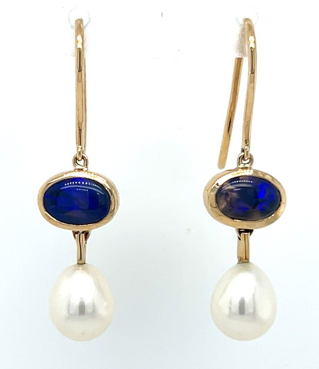 14k Yellow Gold Opal & Pearl Dangle Earrings