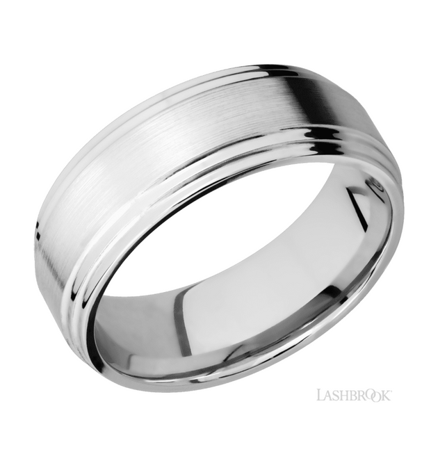 14k White Gold Satin Stepped Flat Edge Wedding Band by Lashbrook Designs