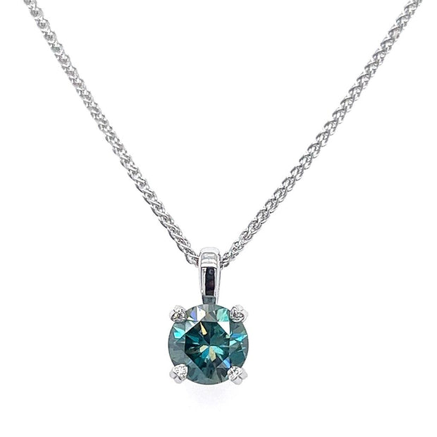 14k White Gold Fancy Greenish Blue Lab Grown Moissanite & Natural Diamond Accented Pendant by IJC