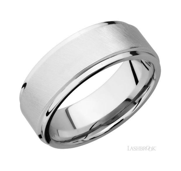 14k White Gold Flat Grooved Edge & Angle Satin Finish Wedding Band by Lashbrook Designs