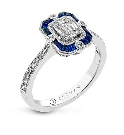 14k White Gold Blue Sapphire & Diamond Mosiac Fashion Ring by Zeghani