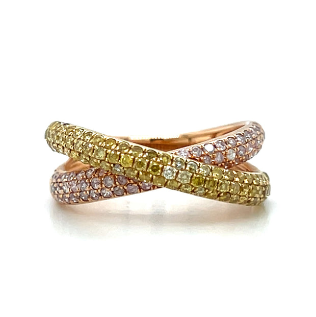 18k Rose Gold Fancy Pink & Yellow Diamond Criss Cross Fashion Ring